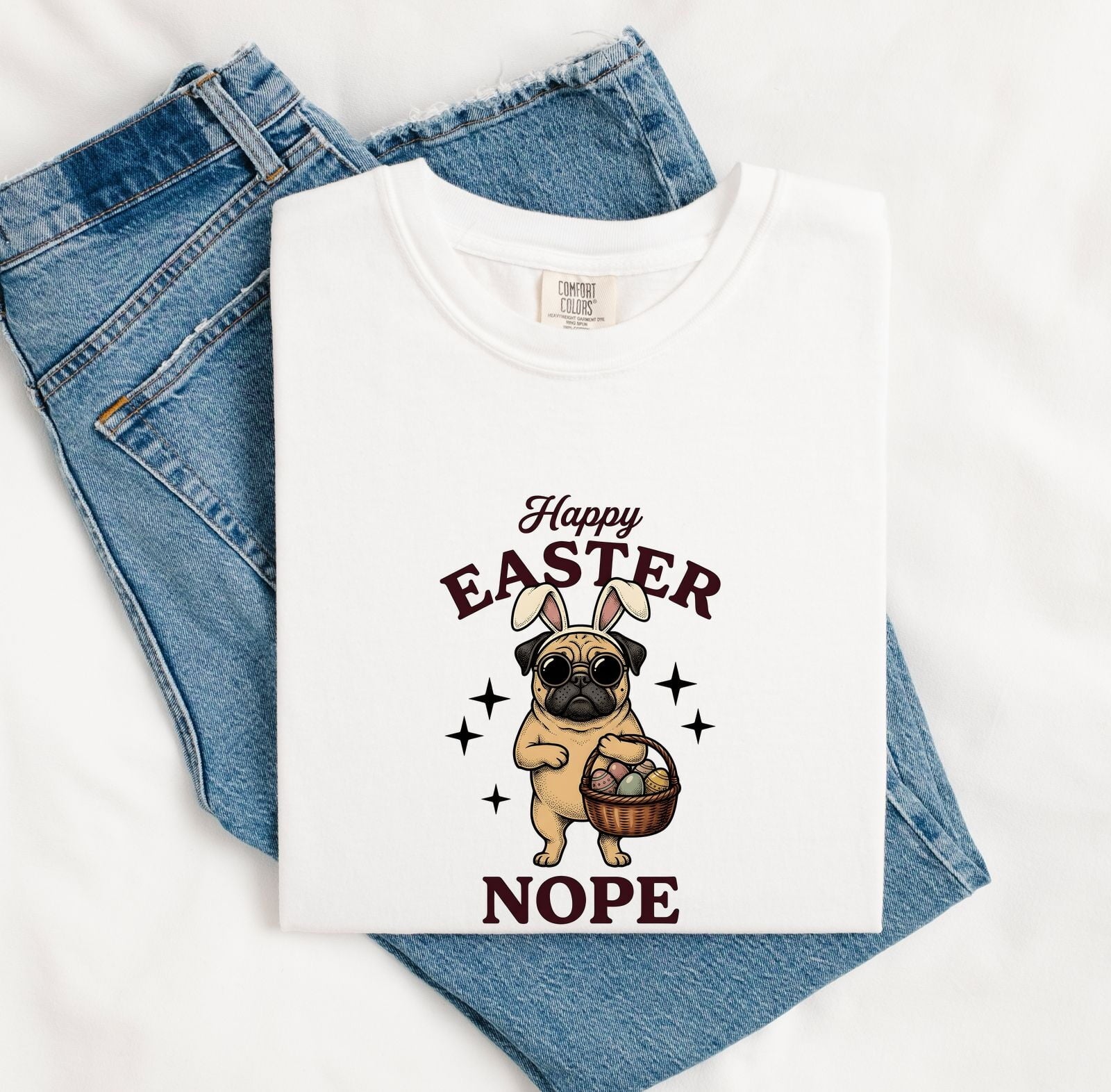 Easter Pug Shirt for Women – Retro Bunny Ears Cartoon Dog Graphic Tee