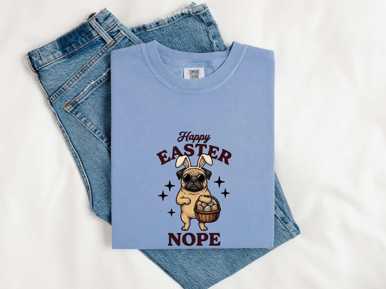 Easter Pug Shirt for Women – Retro Bunny Ears Cartoon Dog Graphic Tee