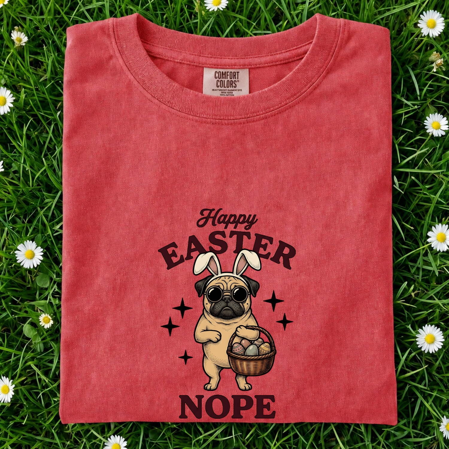 Easter Pug Shirt for Women – Retro Bunny Ears Cartoon Dog Graphic Tee