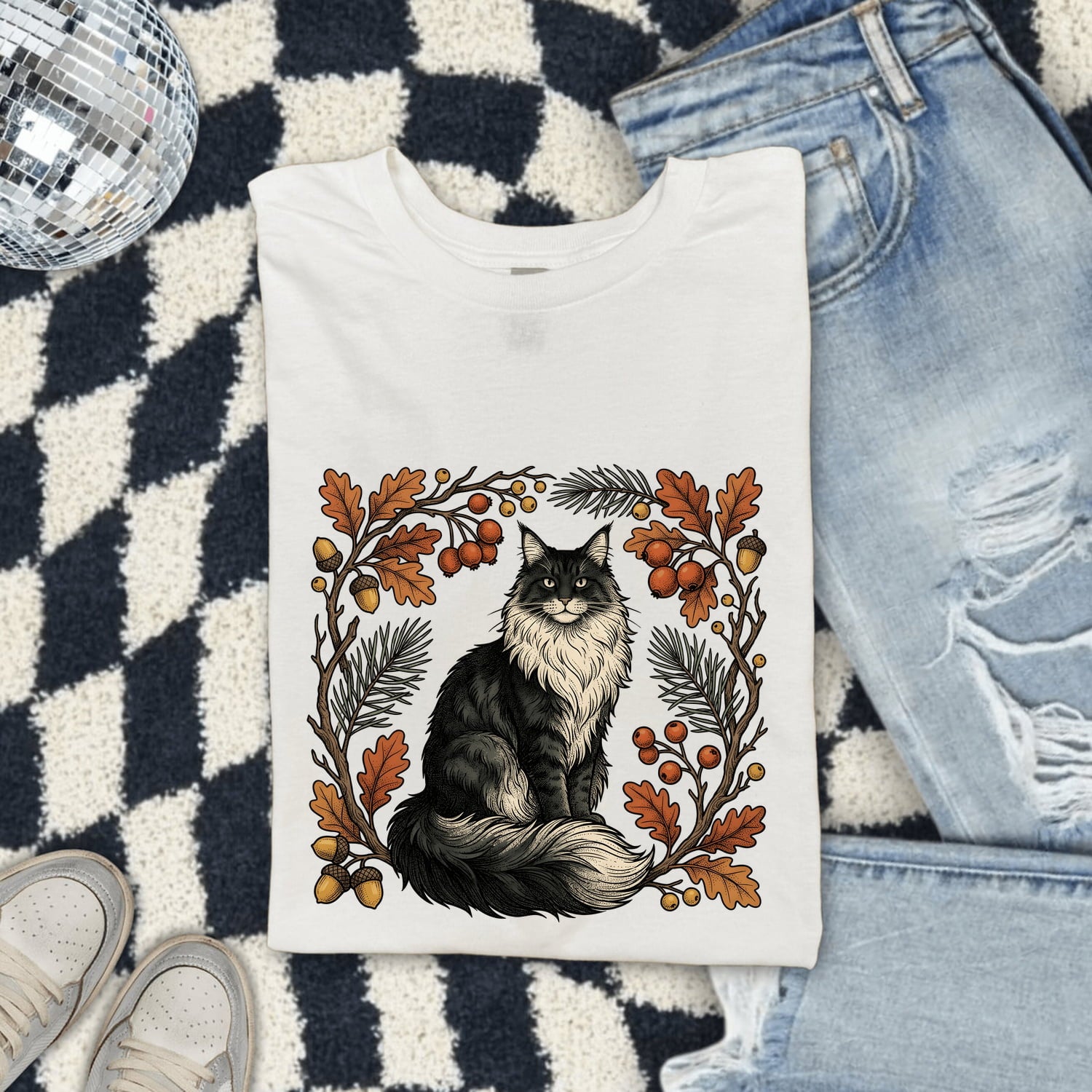 Cat Shirt for Women – Rustic Wilderness Doodle Maple Leaves Outdoor Kitty Graphic Tee