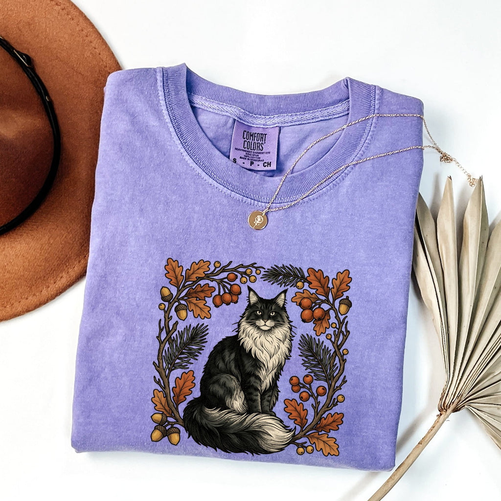 Cat Shirt for Women – Rustic Wilderness Doodle Maple Leaves Outdoor Kitty Graphic Tee