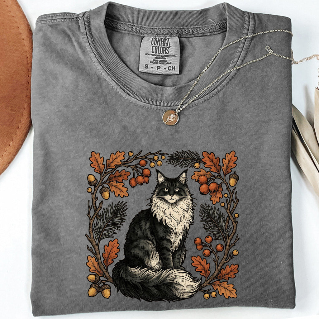Cat Shirt for Women – Rustic Wilderness Doodle Maple Leaves Outdoor Kitty Graphic Tee