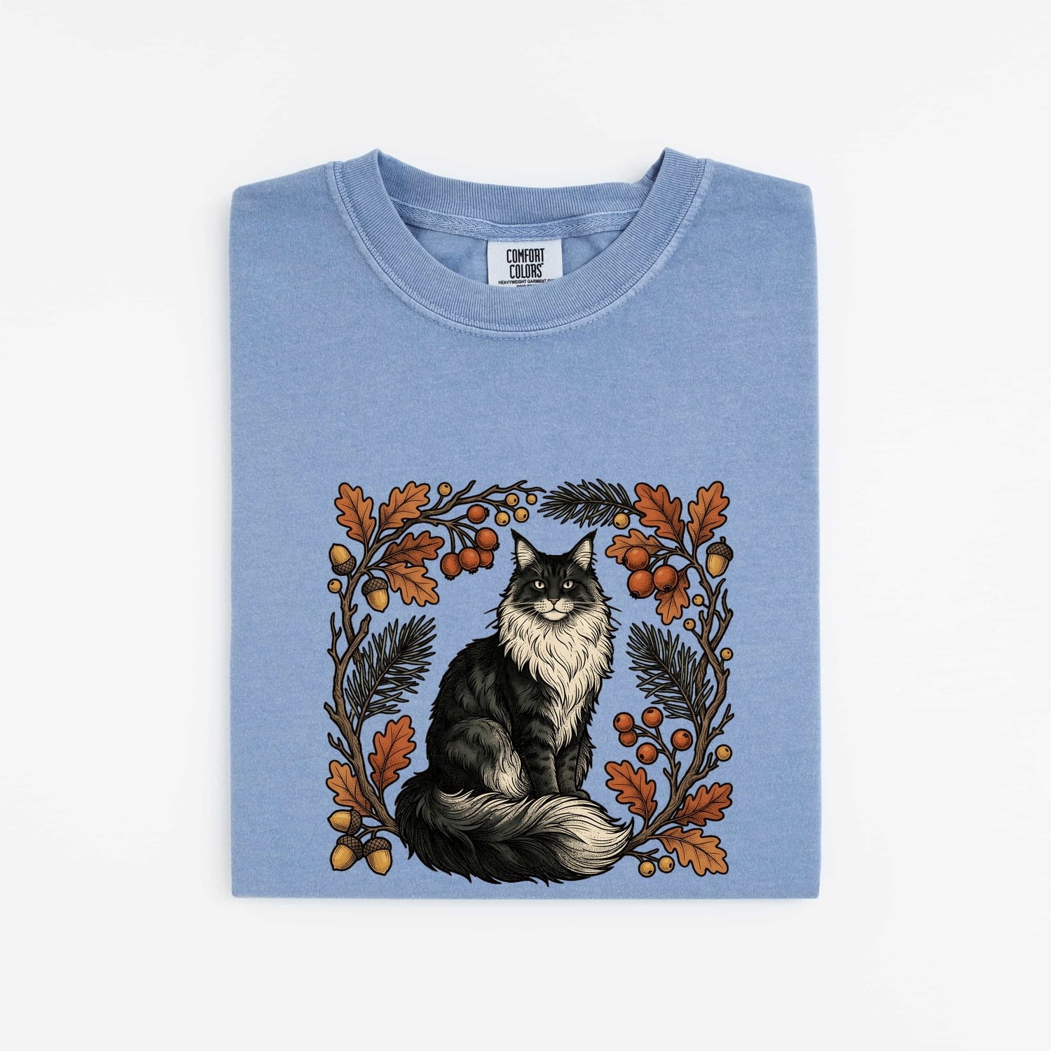 Cat Shirt for Women – Rustic Wilderness Doodle Maple Leaves Outdoor Kitty Graphic Tee