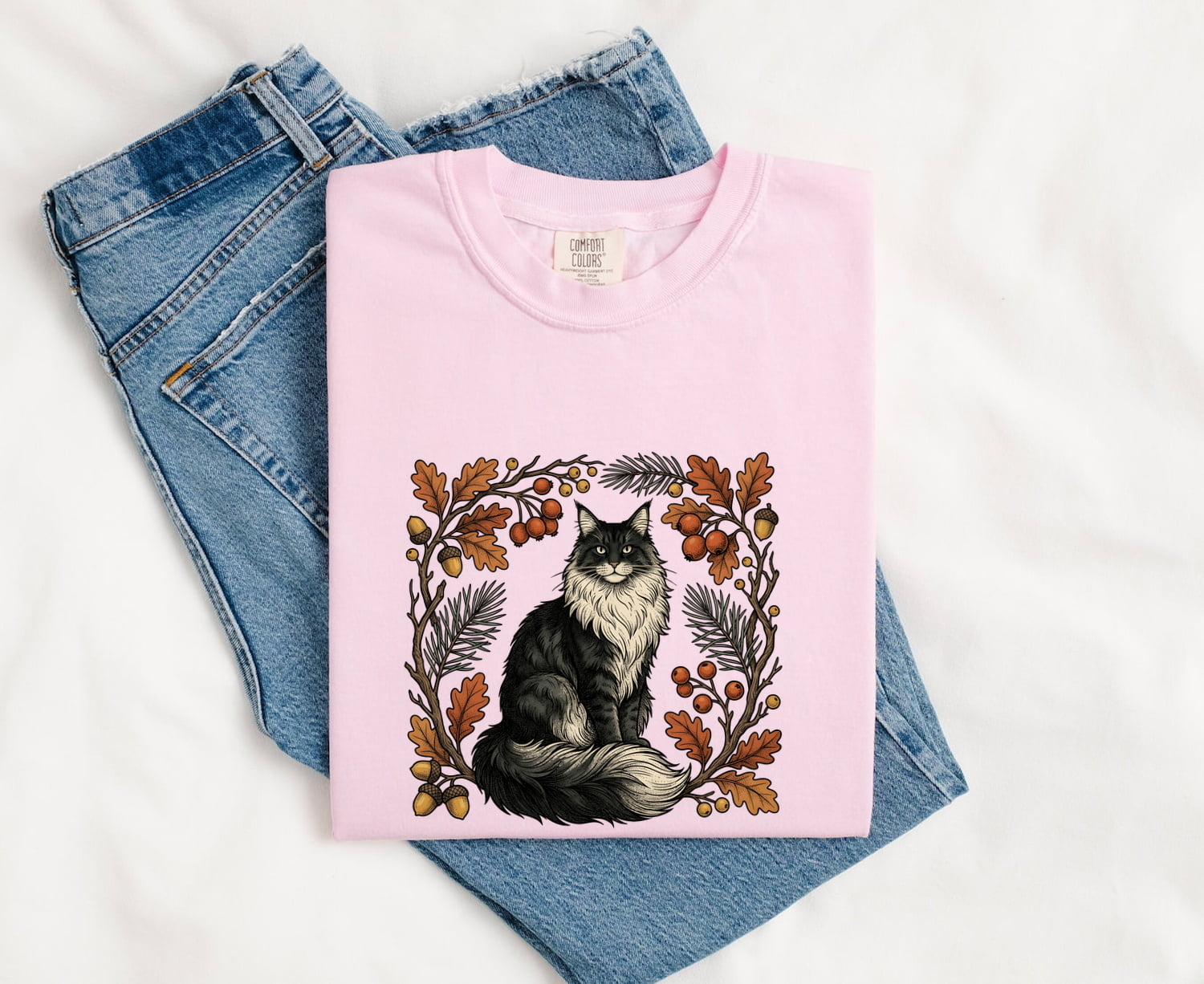 Cat Shirt for Women – Rustic Wilderness Doodle Maple Leaves Outdoor Kitty Graphic Tee