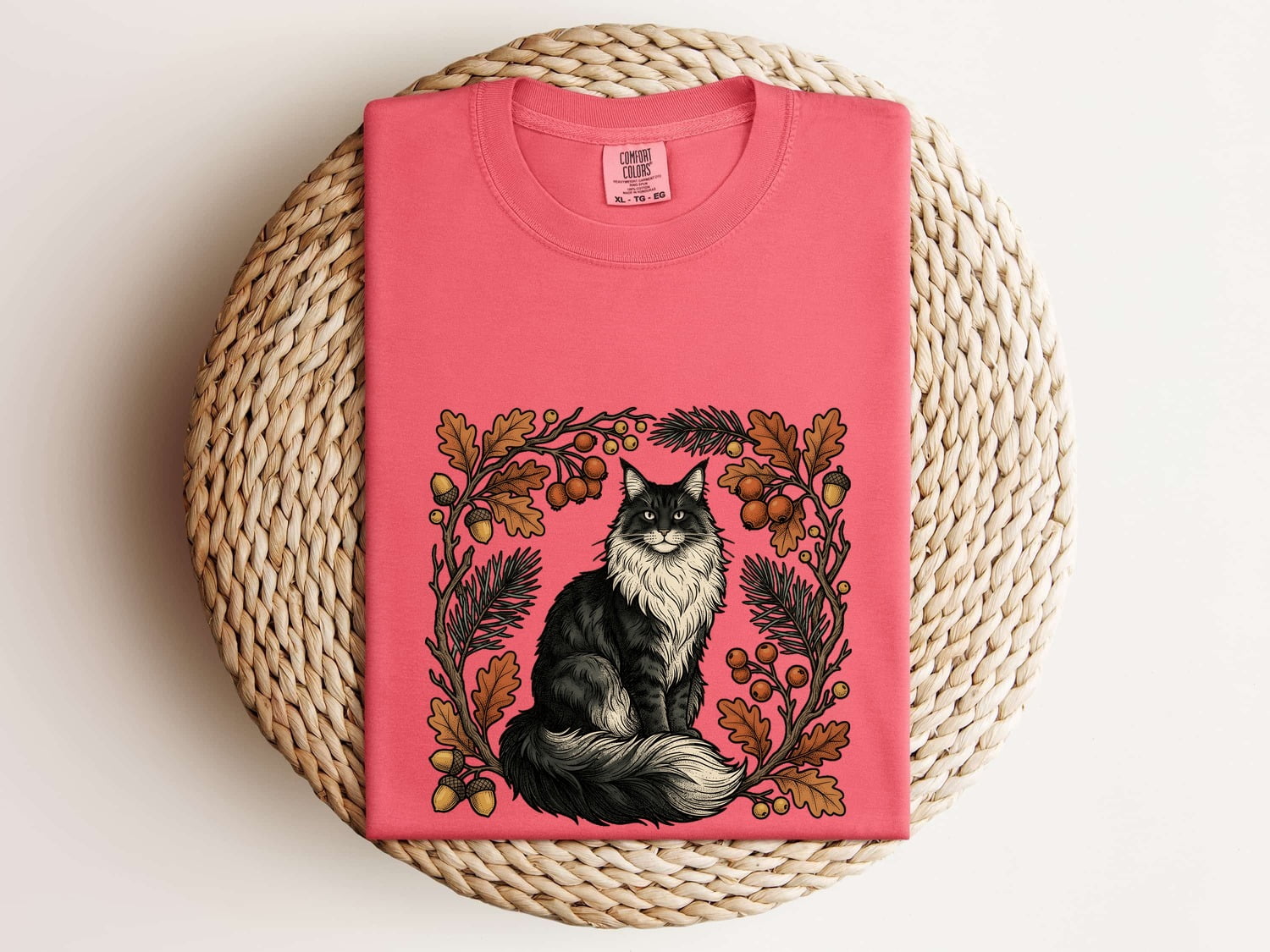 Cat Shirt for Women – Rustic Wilderness Doodle Maple Leaves Outdoor Kitty Graphic Tee