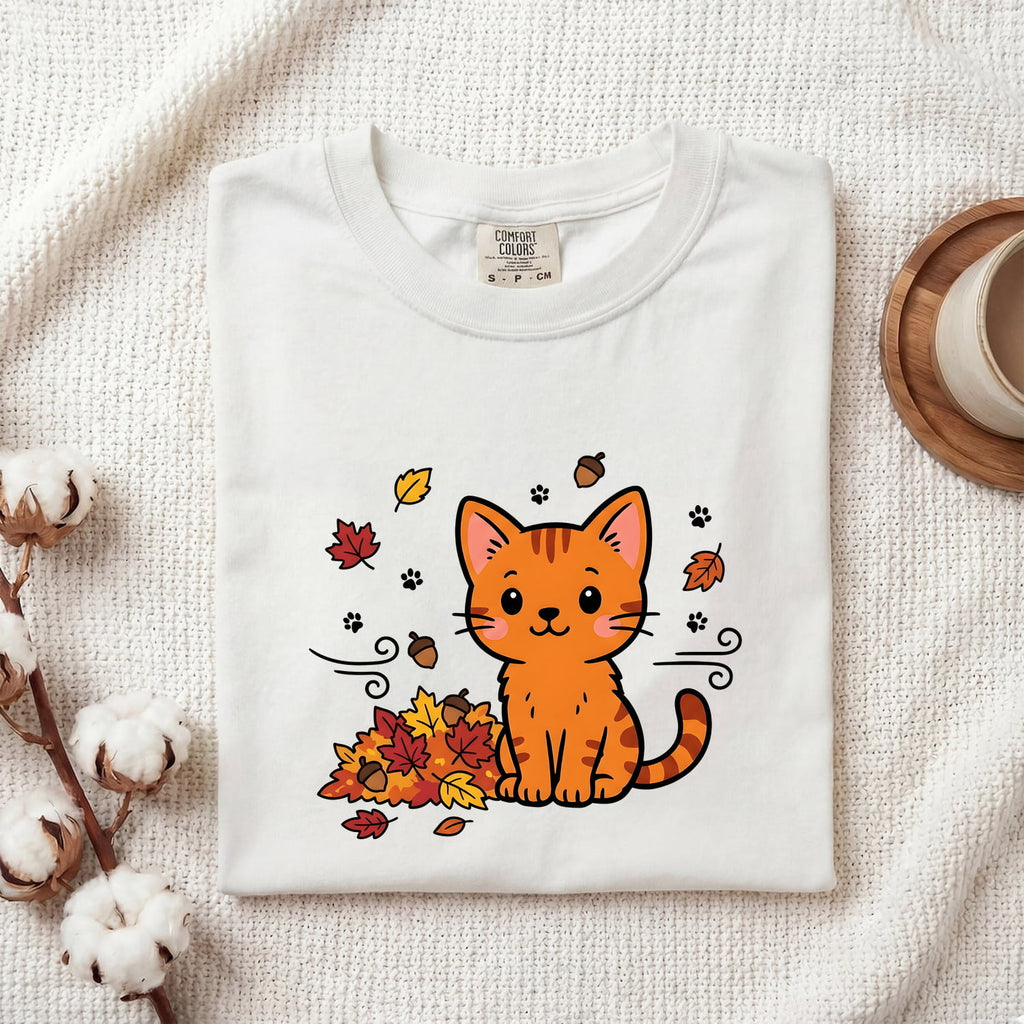 Orange Cat Shirt for Women – Charming Autumn Doodle Pumpkin Colored Leaves Graphic Tee