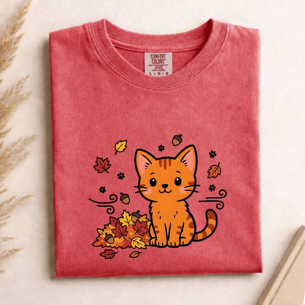 Orange Cat Shirt for Women – Charming Autumn Doodle Pumpkin Colored Leaves Graphic Tee