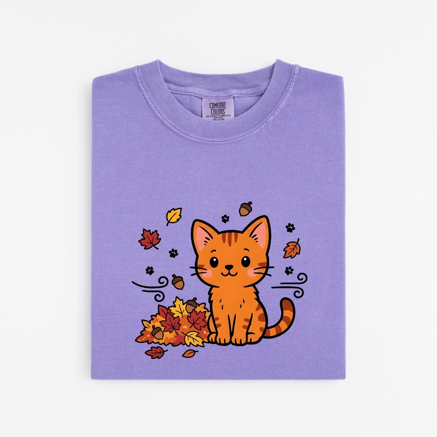 Orange Cat Shirt for Women – Charming Autumn Doodle Pumpkin Colored Leaves Graphic Tee