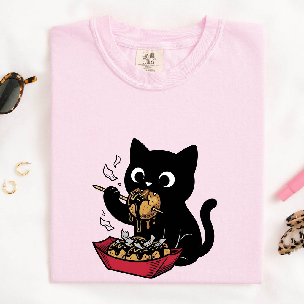 Black Cat Shirt for Women – Kawaii Foodie Cartoon Takoyaki Feline Graphic Tee