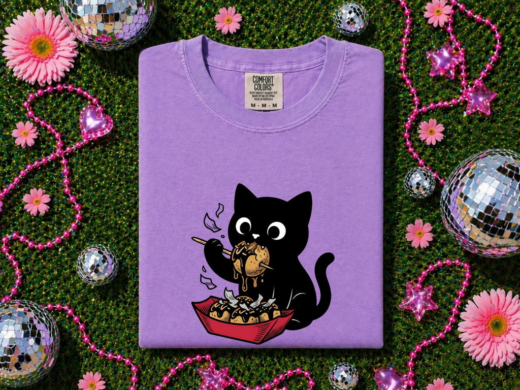 Black Cat Shirt for Women – Kawaii Foodie Cartoon Takoyaki Feline Graphic Tee