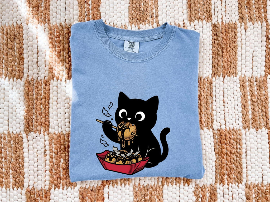 Black Cat Shirt for Women – Kawaii Foodie Cartoon Takoyaki Feline Graphic Tee