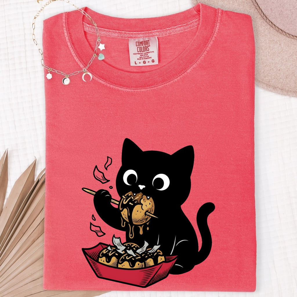 Black Cat Shirt for Women – Kawaii Foodie Cartoon Takoyaki Feline Graphic Tee