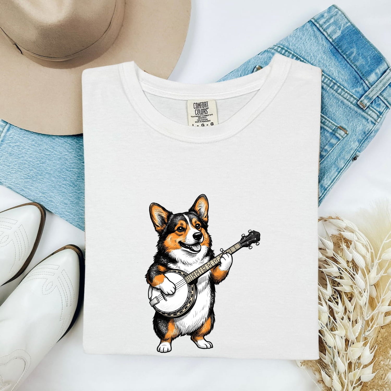 Corgi Banjo Shirt for Women – Hand Drawn Vintage Musical Pembroke Welsh Dog Graphic Tee