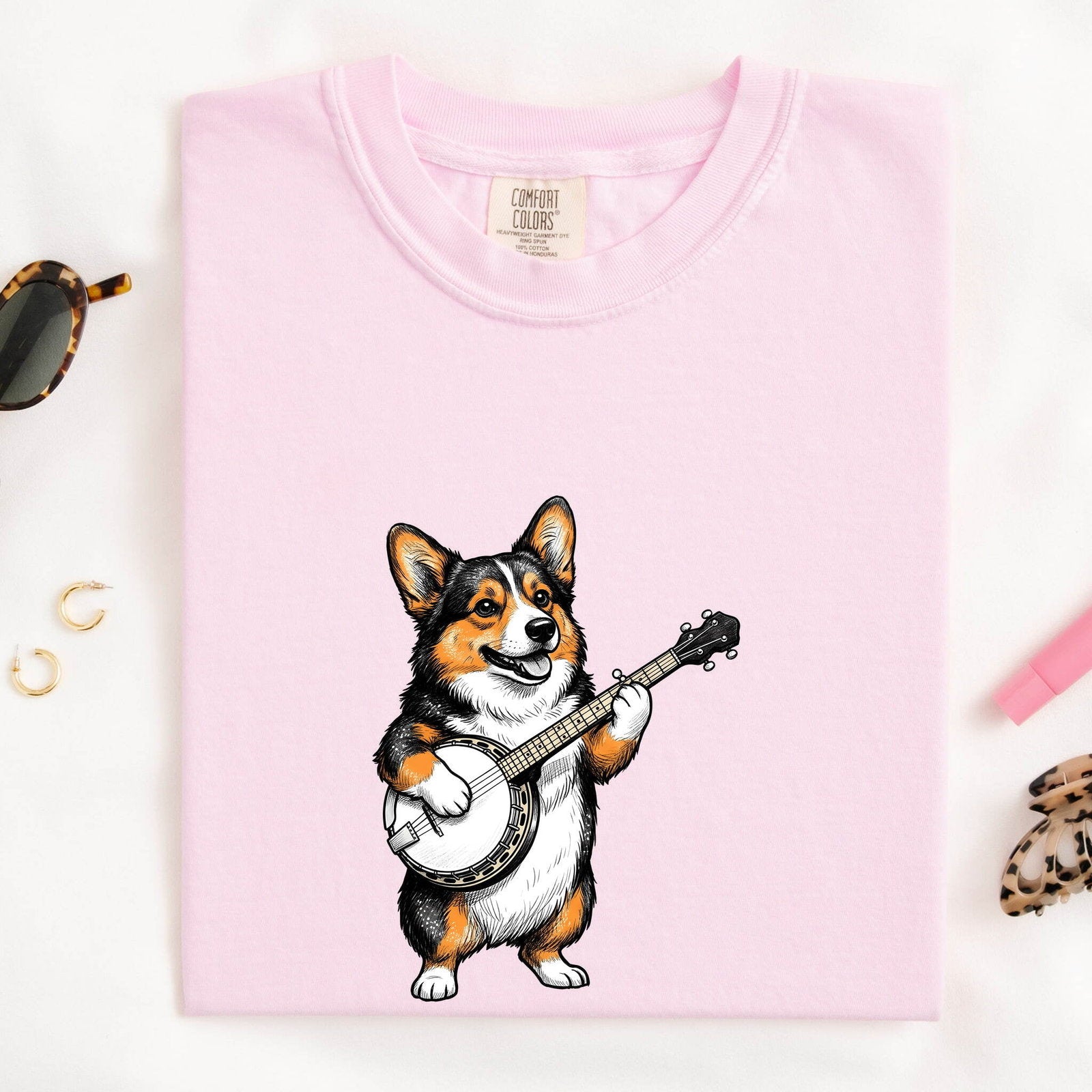 Corgi Banjo Shirt for Women – Hand Drawn Vintage Musical Pembroke Welsh Dog Graphic Tee