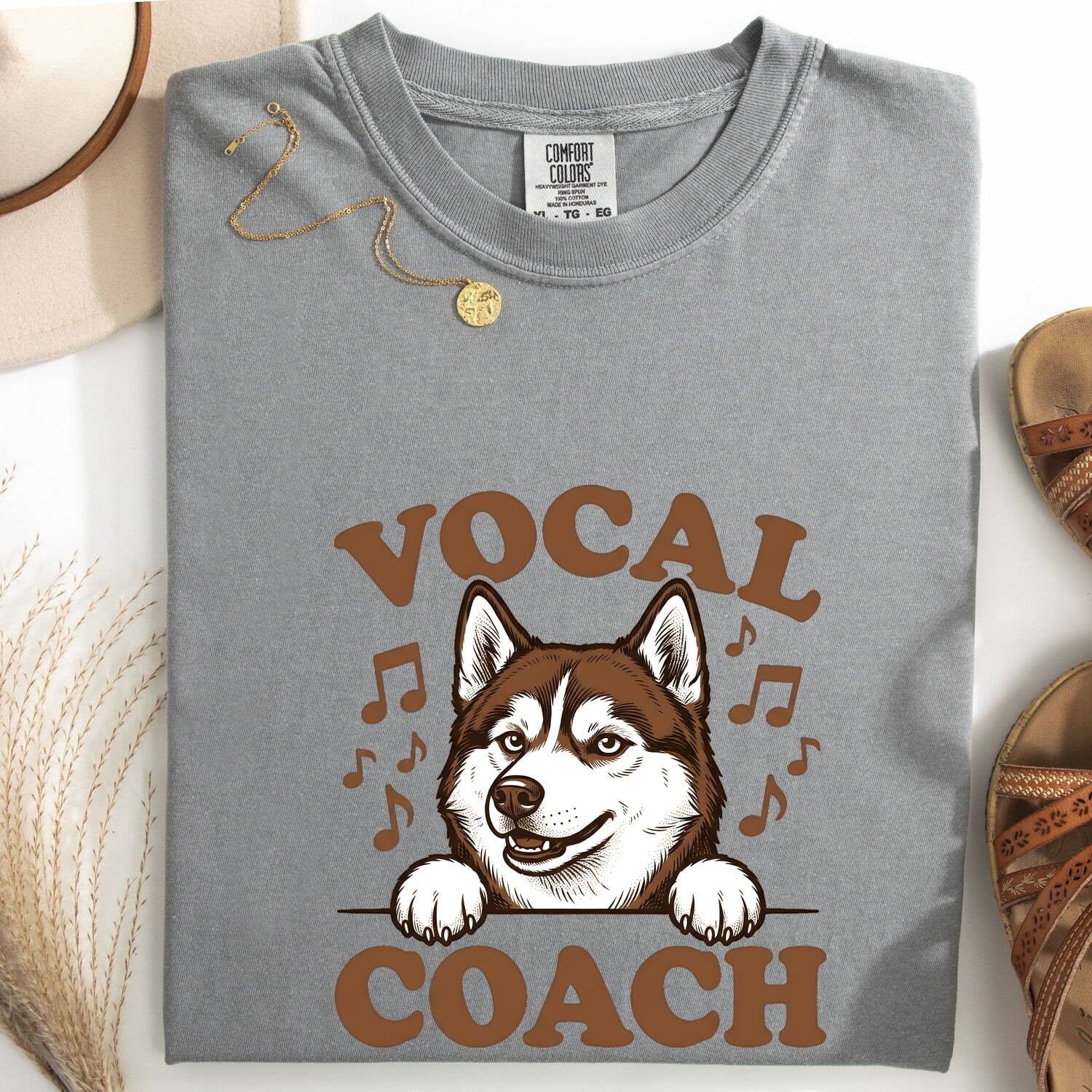 Husky Shirt for Women – Funny Vintage Sketch Musical Symbols Pun Puppy Graphic Tee