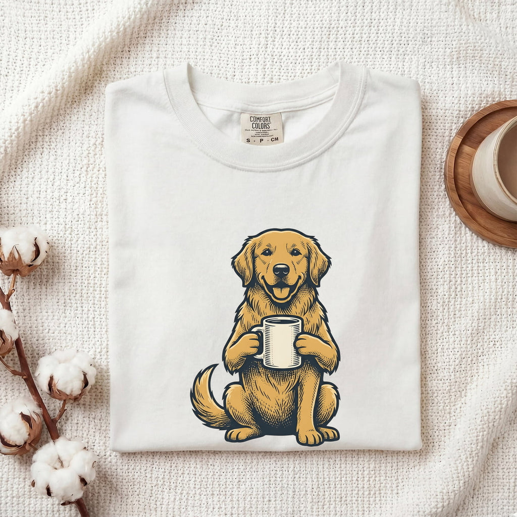 Golden Retriever Shirt for Women – Sketch Cartoon Cappuccino Tea Cup Coffee Dog Graphic Tee