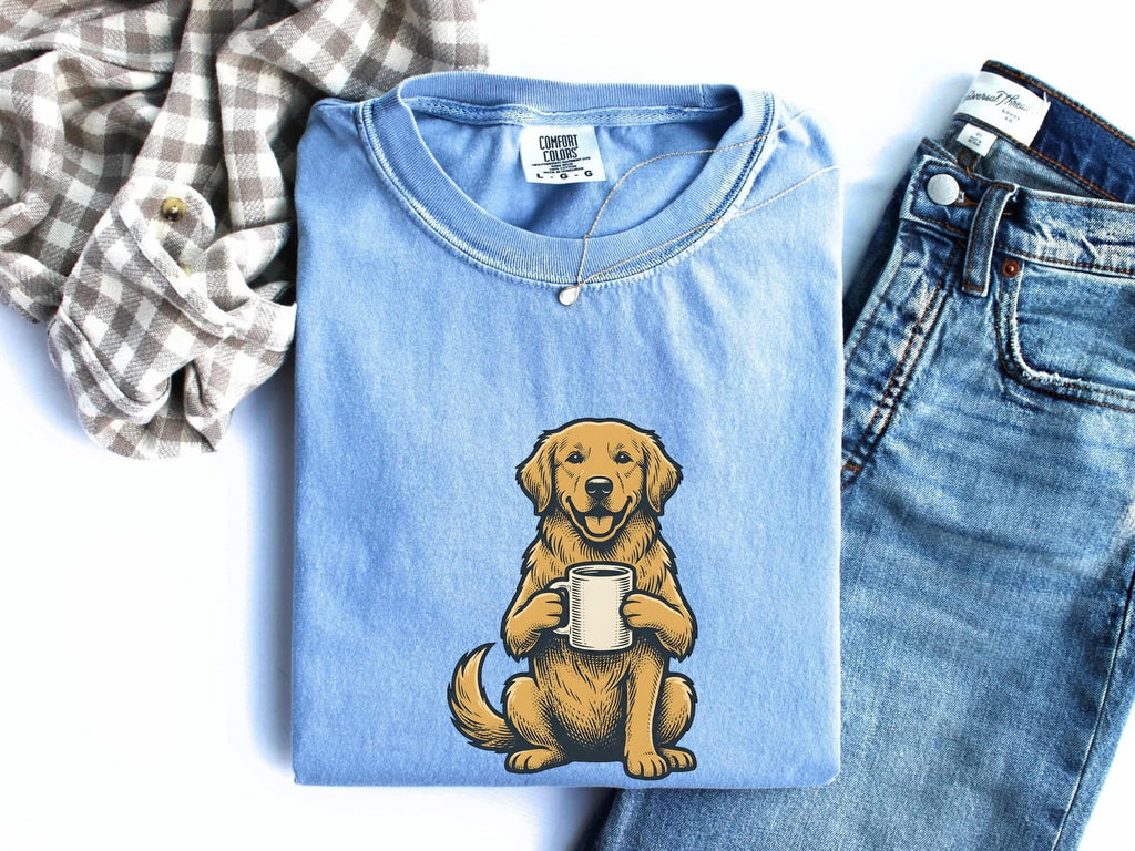 Golden Retriever Shirt for Women – Sketch Cartoon Cappuccino Tea Cup Coffee Dog Graphic Tee