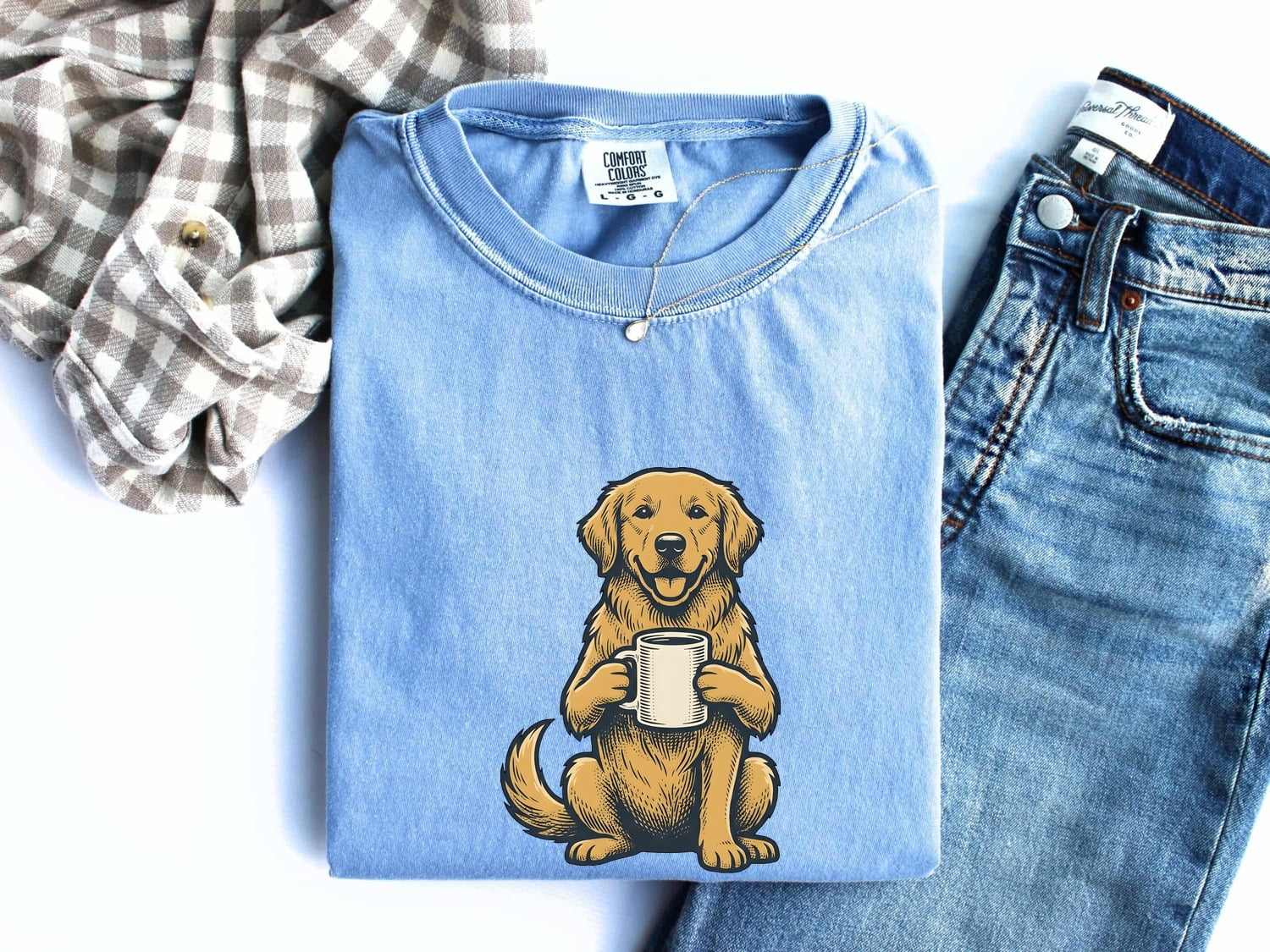 Golden Retriever Shirt for Women – Sketch Cartoon Cappuccino Tea Cup Coffee Dog Graphic Tee