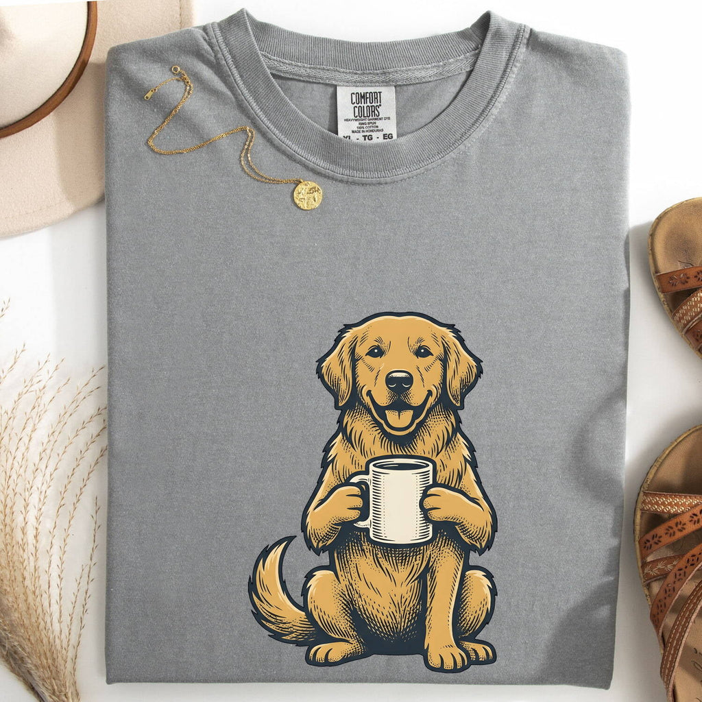 Golden Retriever Shirt for Women – Sketch Cartoon Cappuccino Tea Cup Coffee Dog Graphic Tee