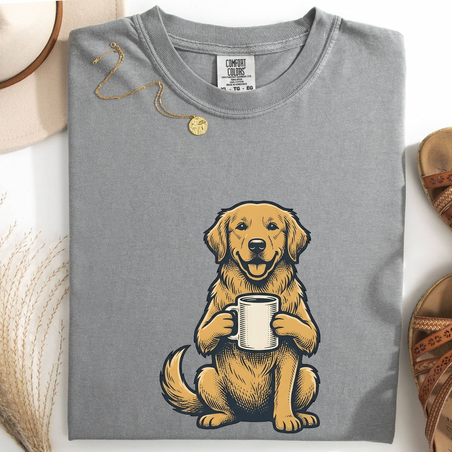 Golden Retriever Shirt for Women – Sketch Cartoon Cappuccino Tea Cup Coffee Dog Graphic Tee