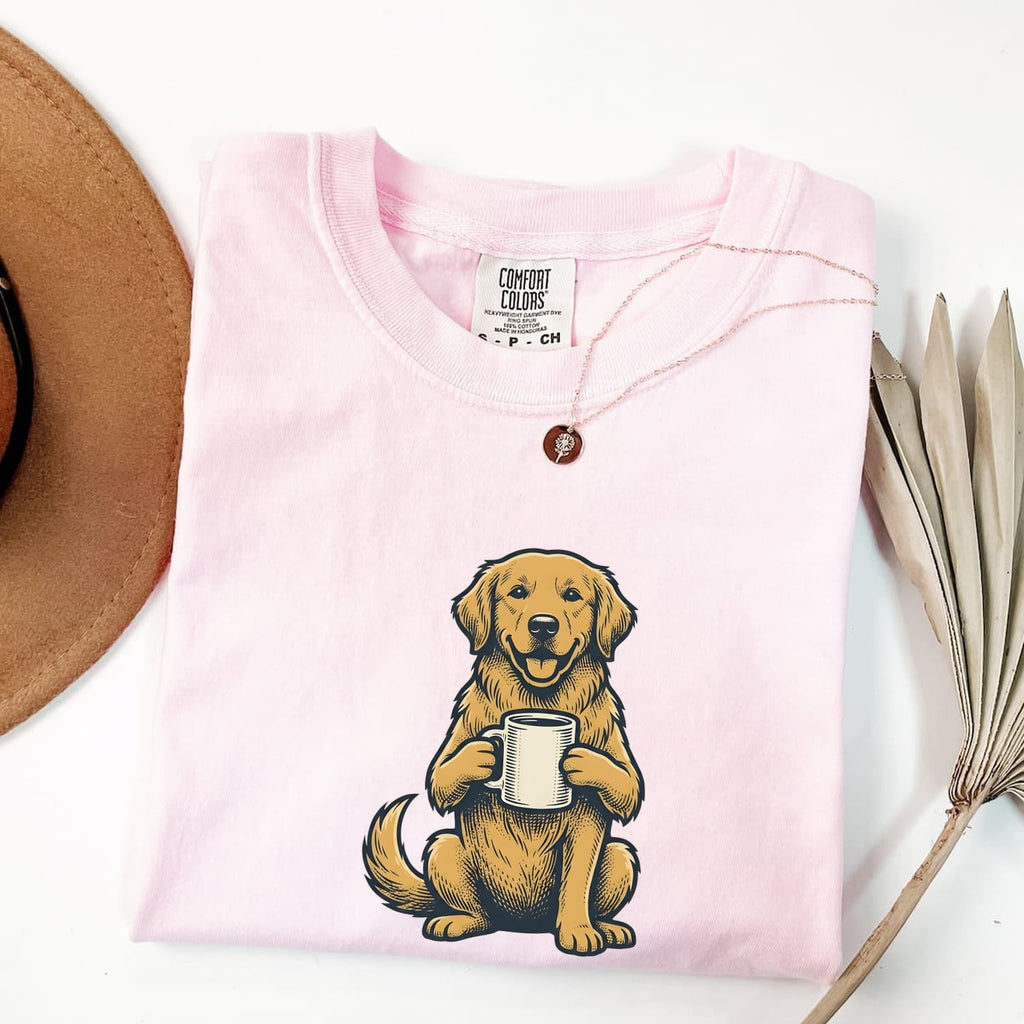 Golden Retriever Shirt for Women – Sketch Cartoon Cappuccino Tea Cup Coffee Dog Graphic Tee