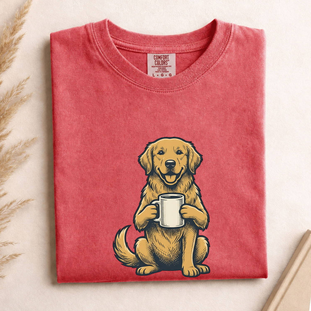 Golden Retriever Shirt for Women – Sketch Cartoon Cappuccino Tea Cup Coffee Dog Graphic Tee