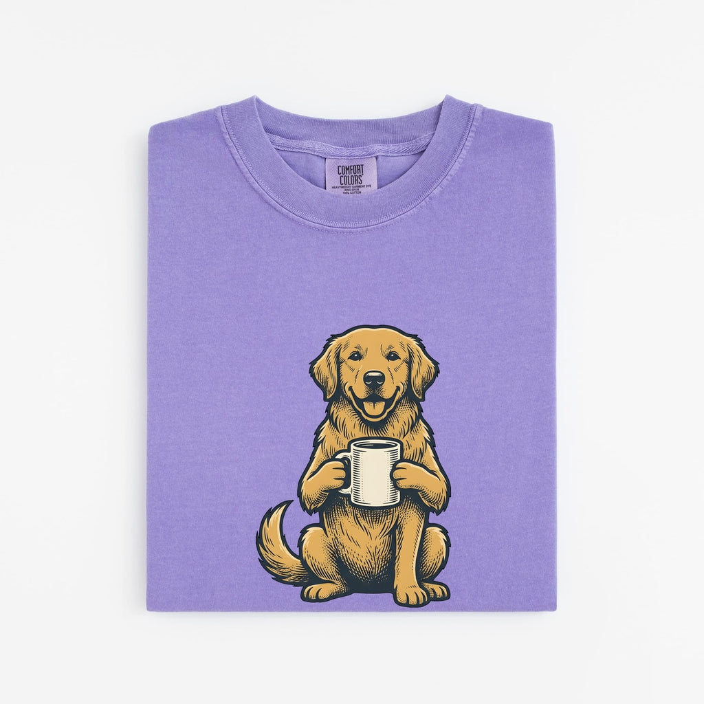 Golden Retriever Shirt for Women – Sketch Cartoon Cappuccino Tea Cup Coffee Dog Graphic Tee