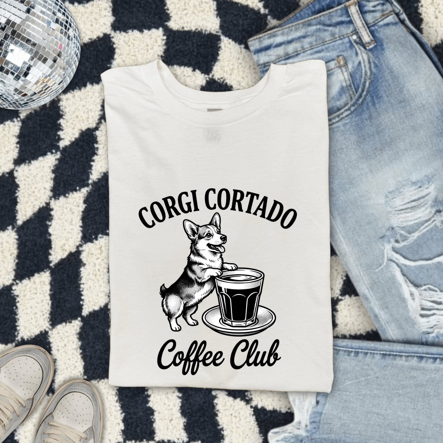 Corgi Shirt for Women – Vintage Hand Drawn Coffee Cup Retro Dog Graphic Tee