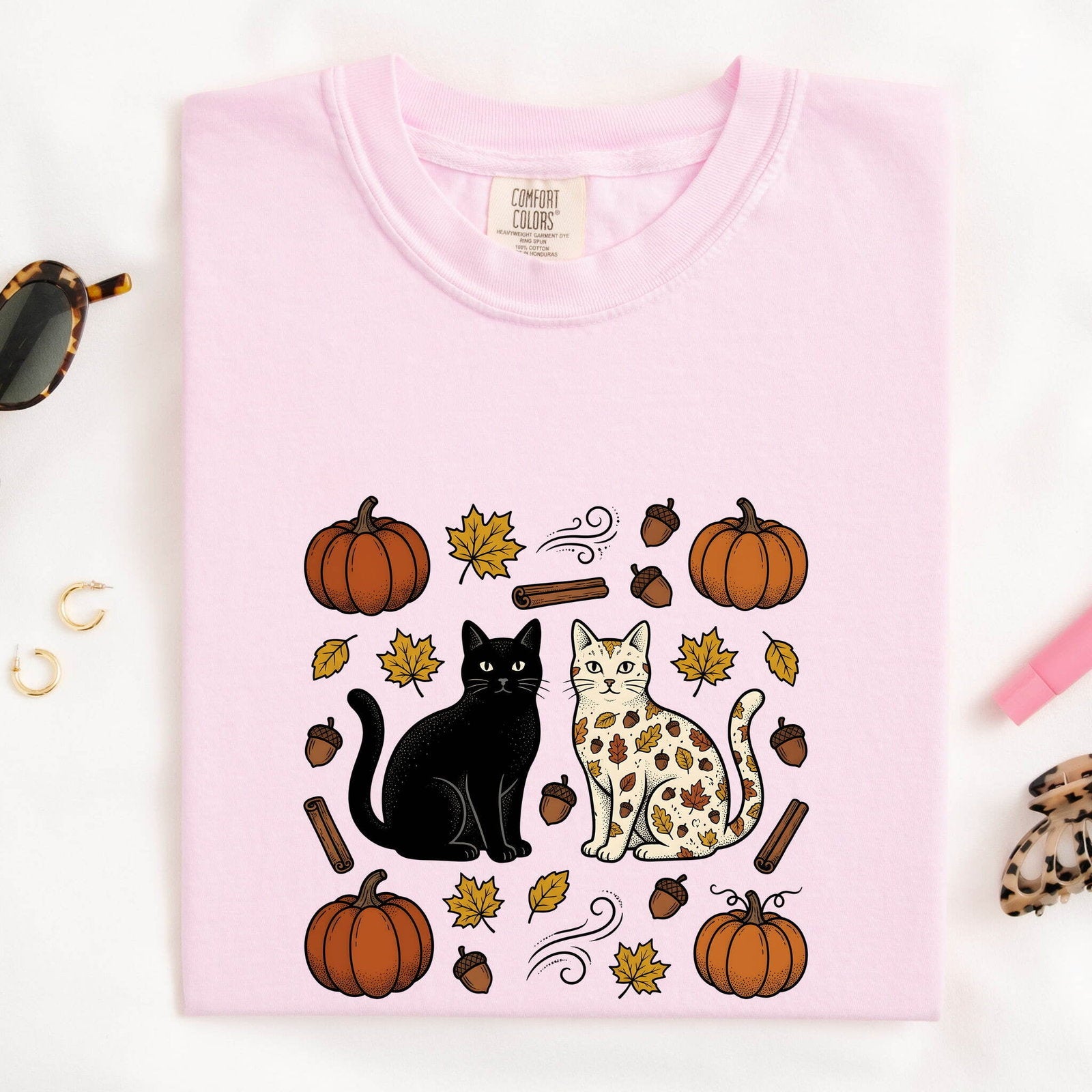 Fall Cat Shirt for Women – Retro Autumn Sketch Gourds Harvest Kitten Graphic Tee