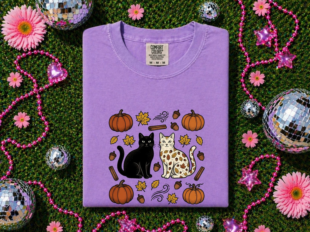Fall Cat Shirt for Women – Retro Autumn Sketch Gourds Harvest Kitten Graphic Tee