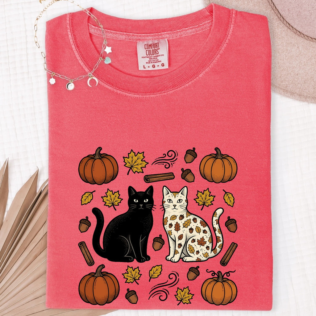 Fall Cat Shirt for Women – Retro Autumn Sketch Gourds Harvest Kitten Graphic Tee