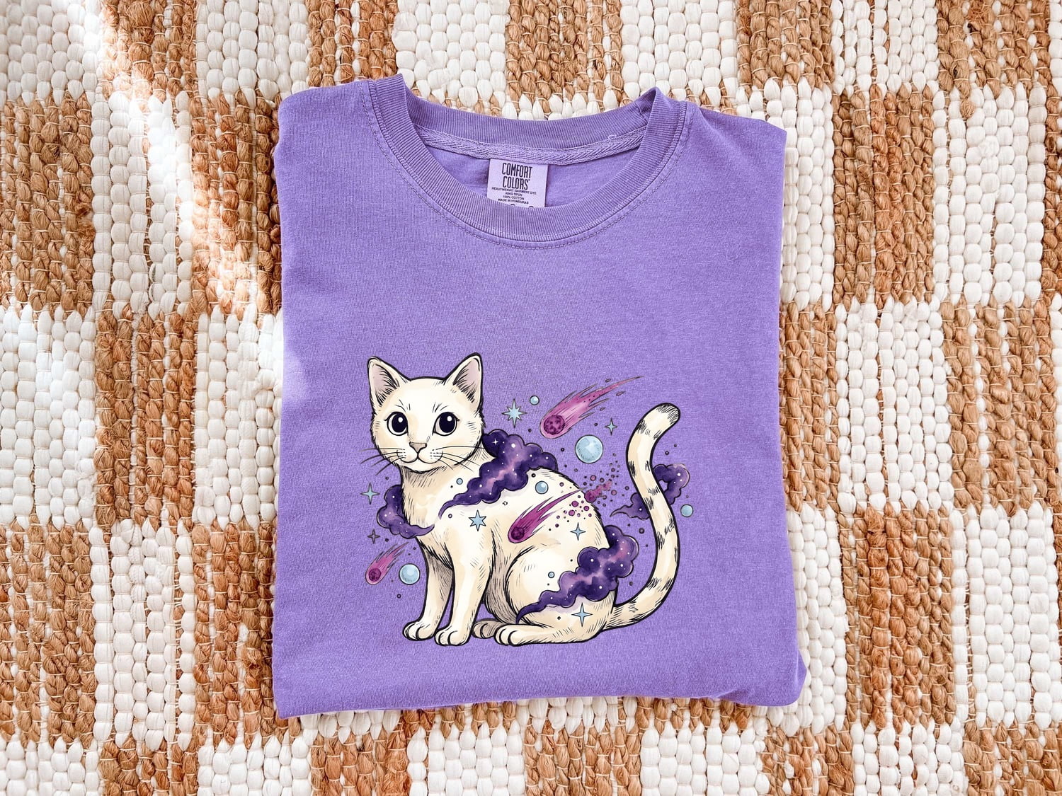 Space Cat Shirt for Women – Whimsical Cosmic Watercolor Shooting Stars Graphic Tee