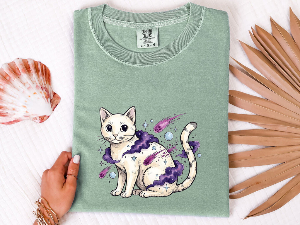 Space Cat Shirt for Women – Whimsical Cosmic Watercolor Shooting Stars Graphic Tee