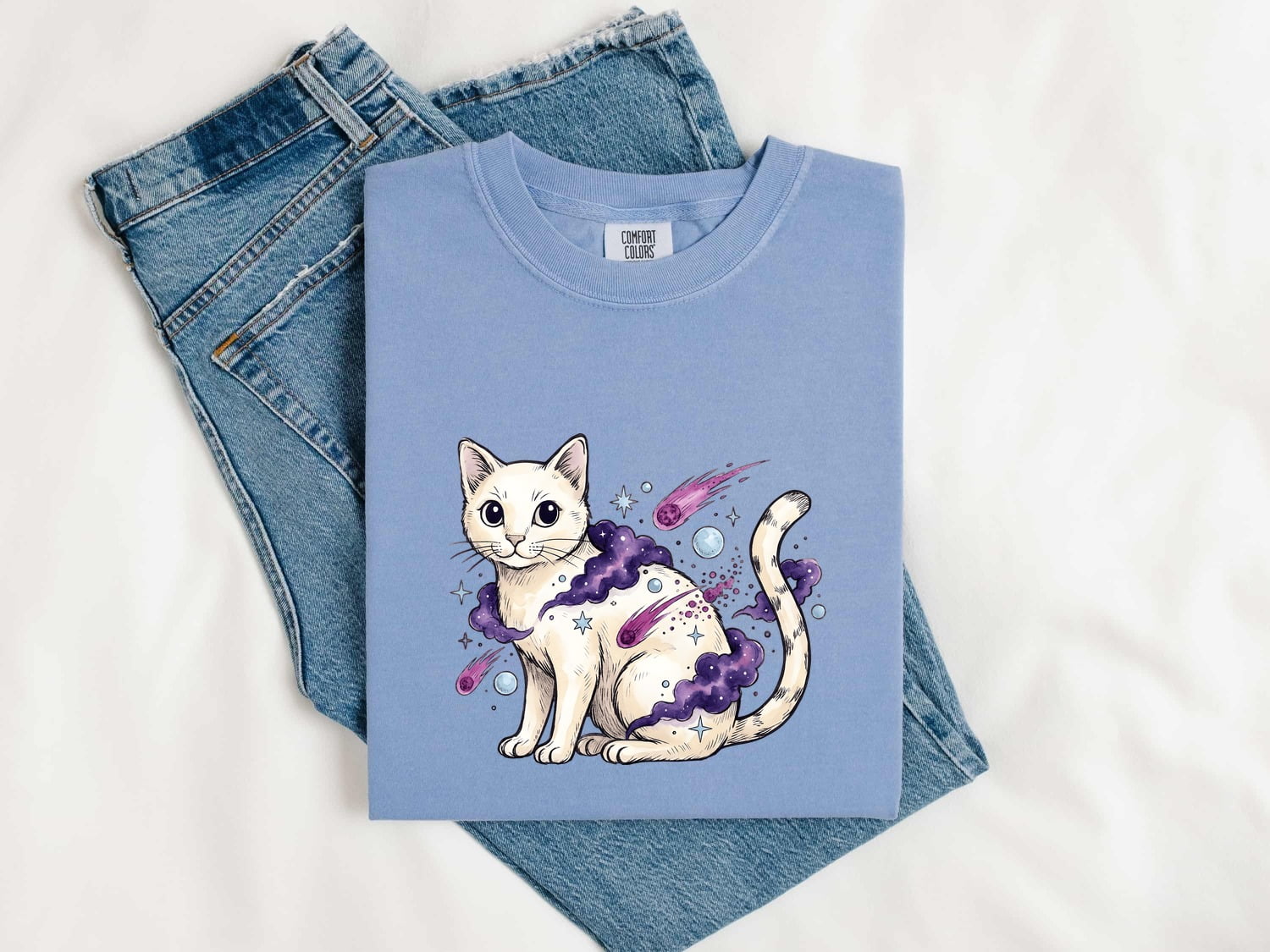 Space Cat Shirt for Women – Whimsical Cosmic Watercolor Shooting Stars Graphic Tee