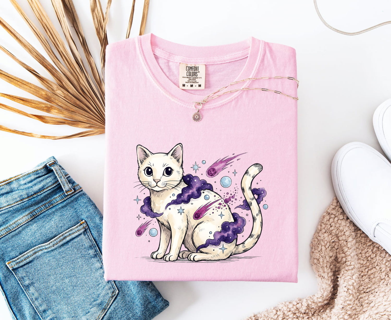 Space Cat Shirt for Women – Whimsical Cosmic Watercolor Shooting Stars Graphic Tee