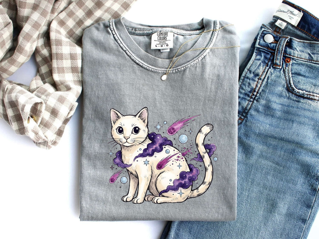 Space Cat Shirt for Women – Whimsical Cosmic Watercolor Shooting Stars Graphic Tee