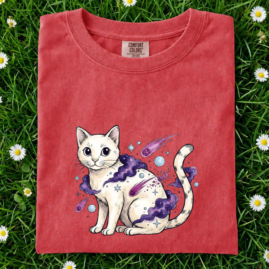 Space Cat Shirt for Women – Whimsical Cosmic Watercolor Shooting Stars Graphic Tee