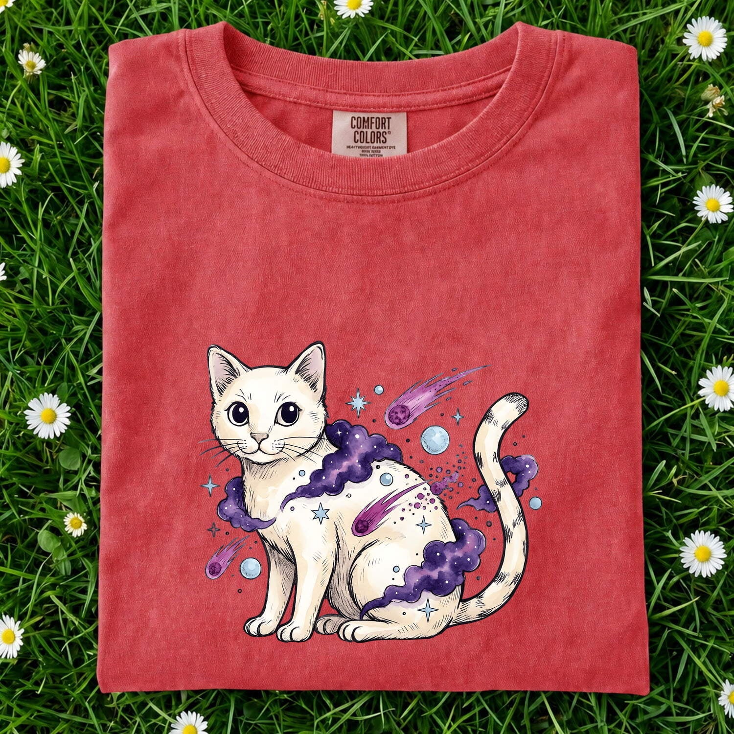 Space Cat Shirt for Women – Whimsical Cosmic Watercolor Shooting Stars Graphic Tee