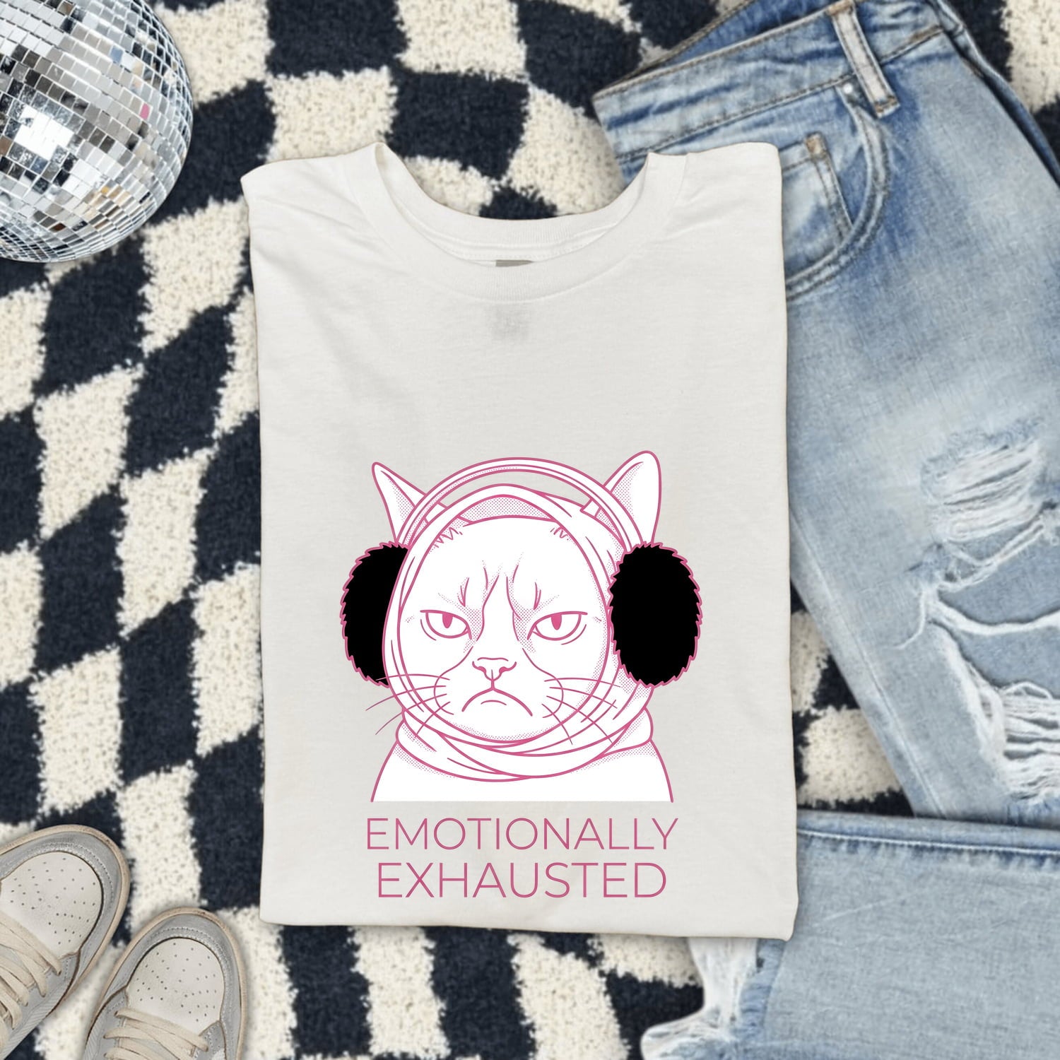 Annoyed Cat Shirt for Women – Funny Cartoon Contemporary Ear Warmers Kitty Graphic Tee
