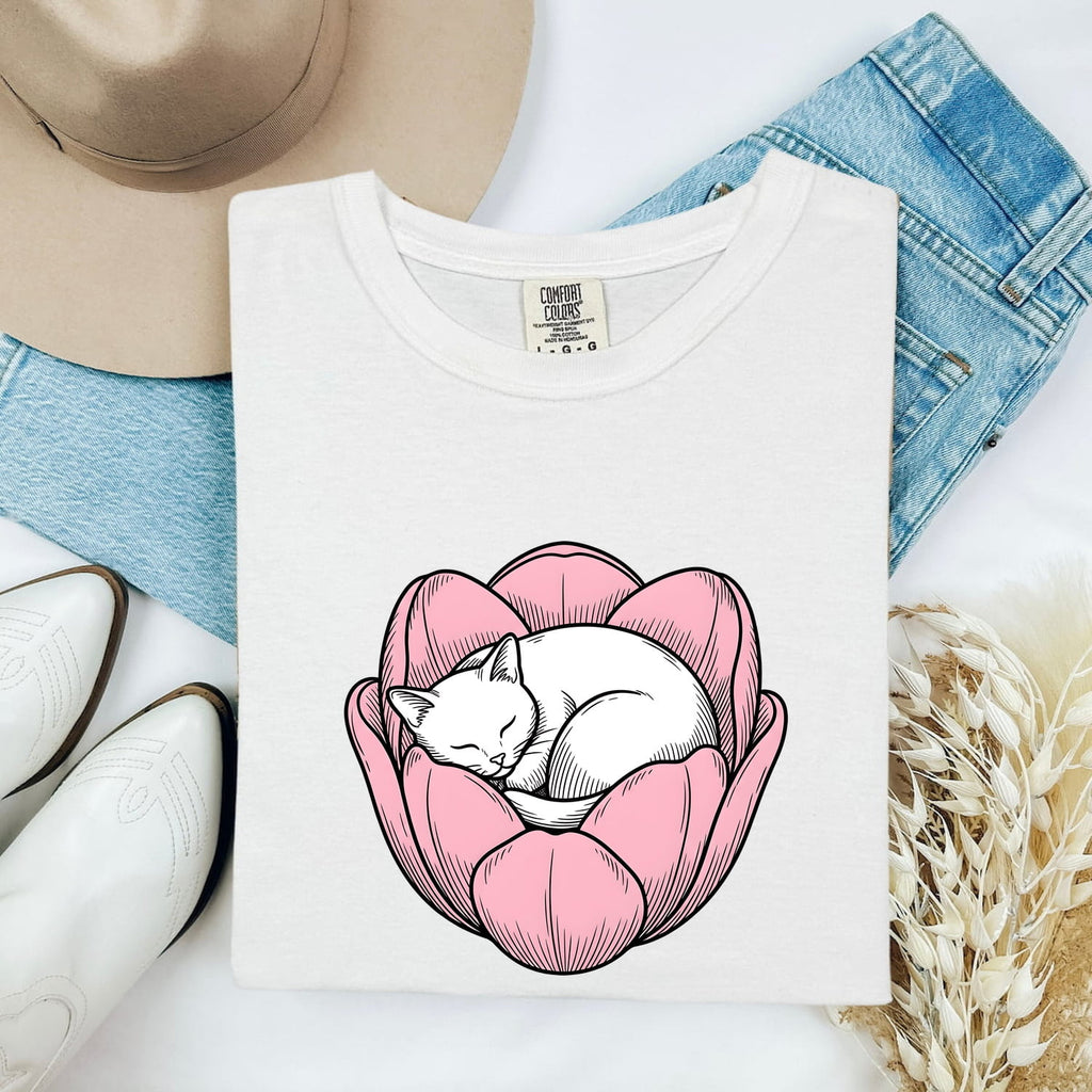 Snoozing Cat Shirt for Women – Sleek Blossom Nature Drawing Kitten Graphic Tee