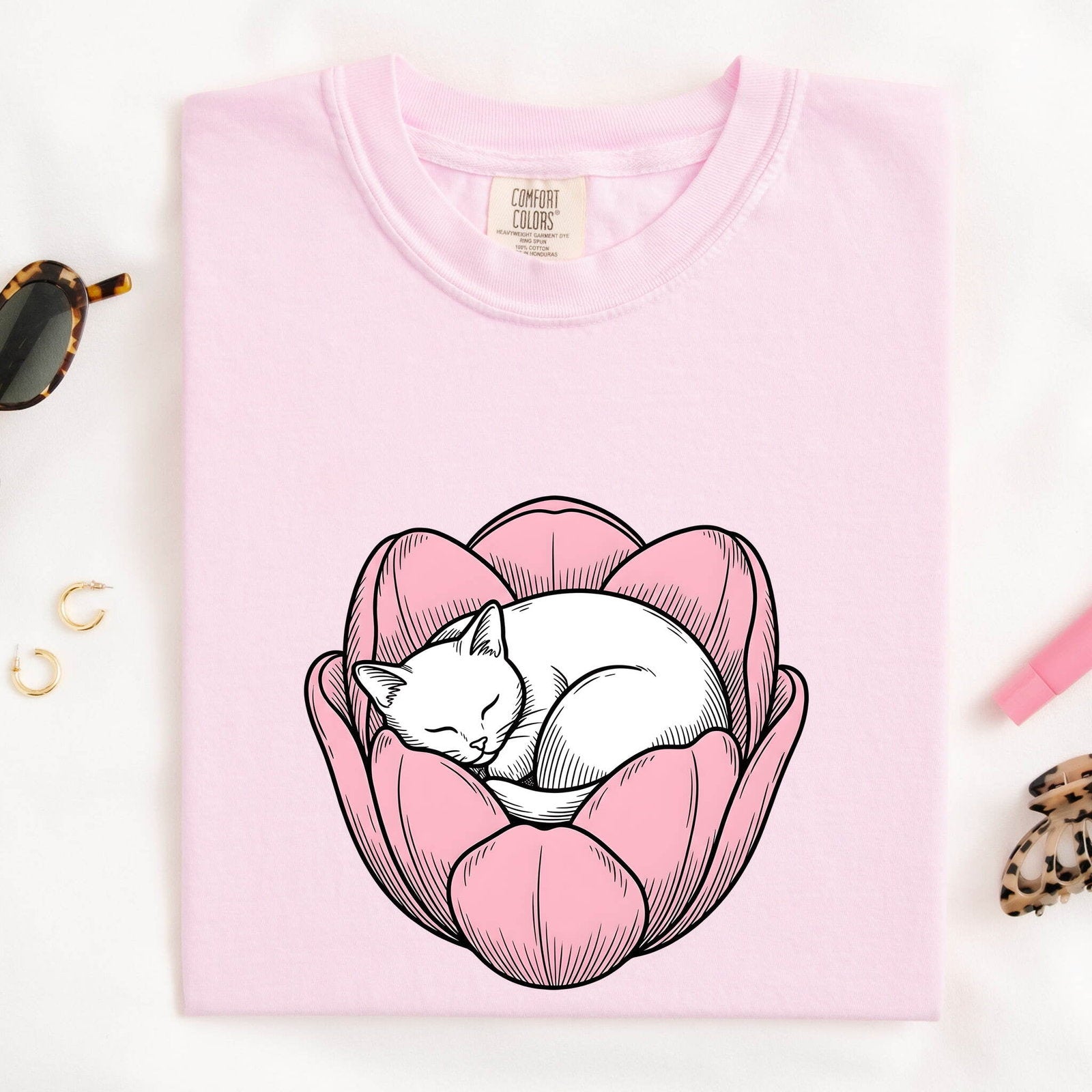 Snoozing Cat Shirt for Women – Sleek Blossom Nature Drawing Kitten Graphic Tee