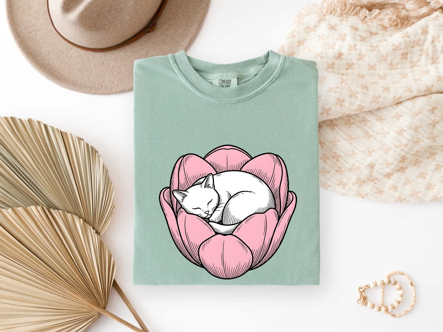 Snoozing Cat Shirt for Women – Sleek Blossom Nature Drawing Kitten Graphic Tee