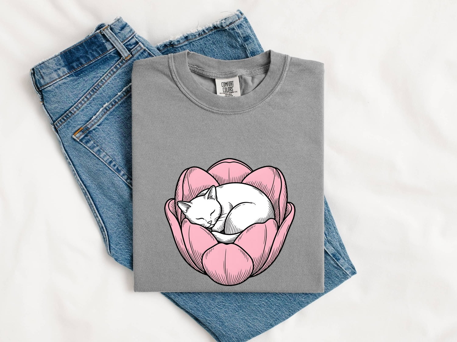 Snoozing Cat Shirt for Women – Sleek Blossom Nature Drawing Kitten Graphic Tee