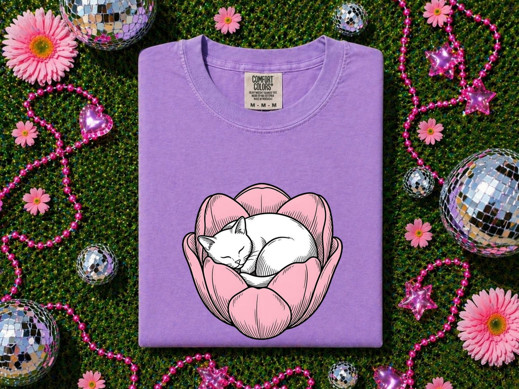 Snoozing Cat Shirt for Women – Sleek Blossom Nature Drawing Kitten Graphic Tee