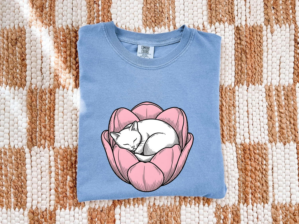 Snoozing Cat Shirt for Women – Sleek Blossom Nature Drawing Kitten Graphic Tee
