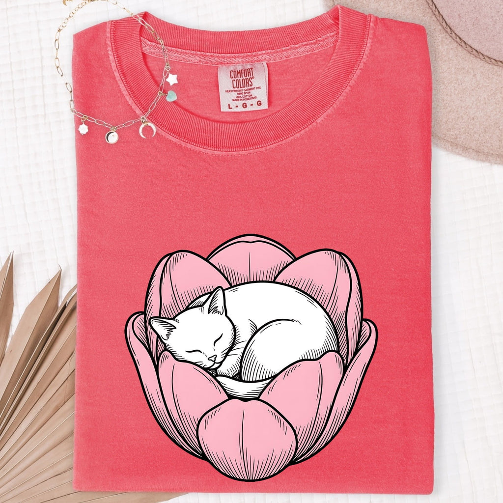 Snoozing Cat Shirt for Women – Sleek Blossom Nature Drawing Kitten Graphic Tee