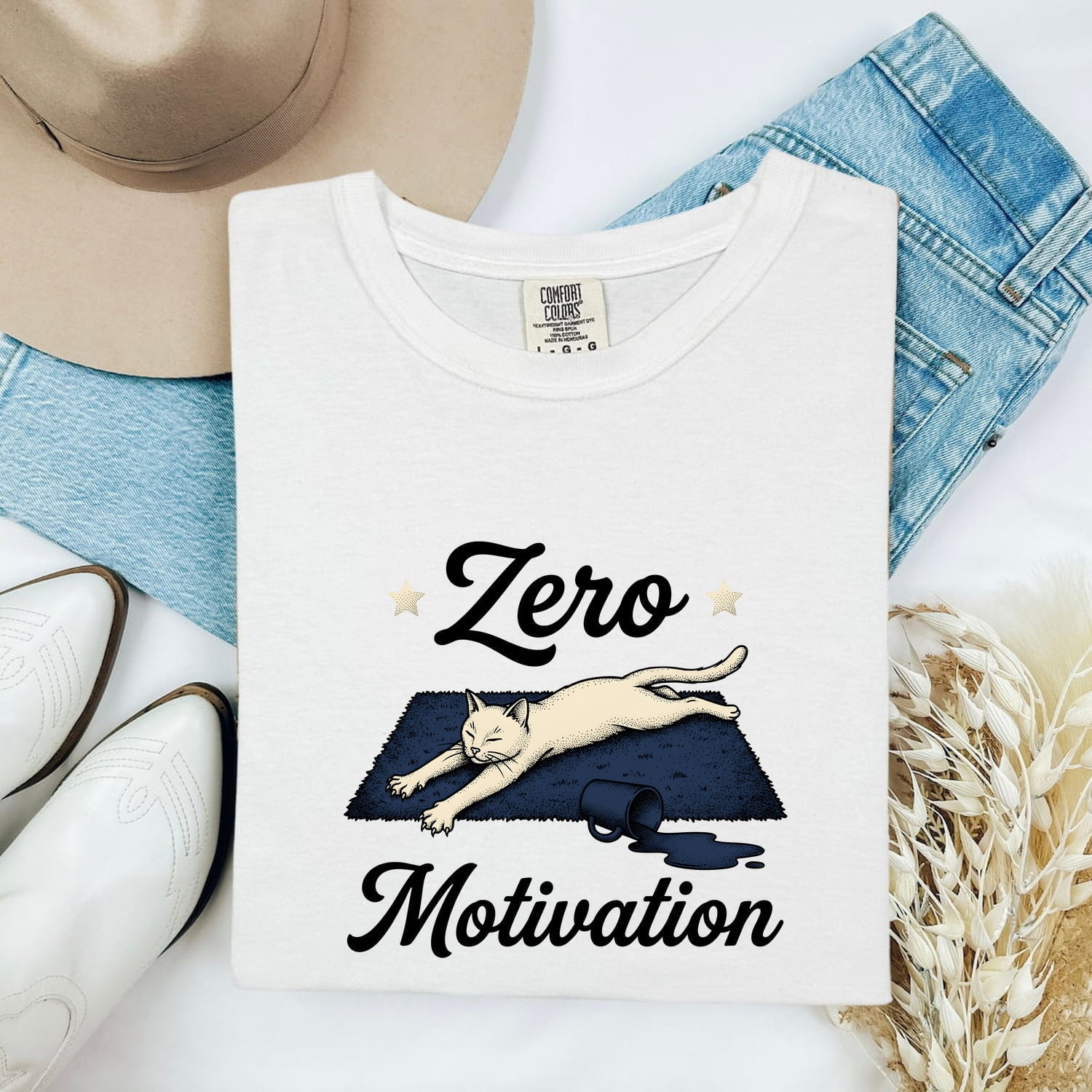 Lounging Cat Shirt for Women – Funny Hand Drawn Line Art Hot Drink Kitty Graphic Tee