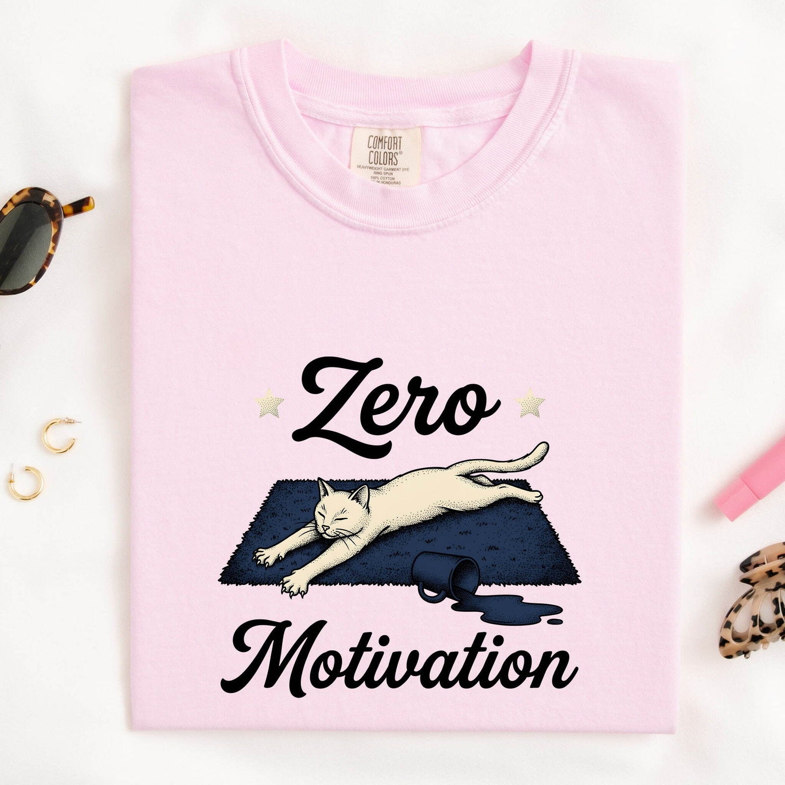 Lounging Cat Shirt for Women – Funny Hand Drawn Line Art Hot Drink Kitty Graphic Tee