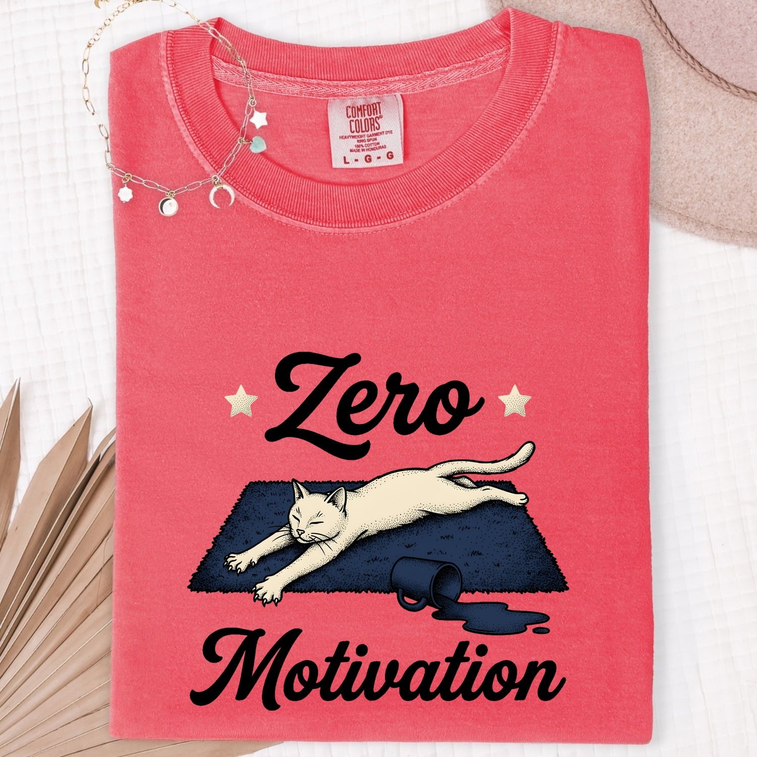 Lounging Cat Shirt for Women – Funny Hand Drawn Line Art Hot Drink Kitty Graphic Tee