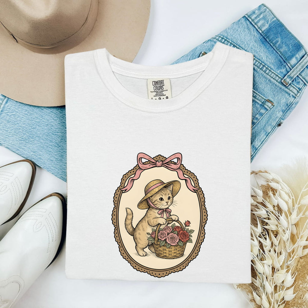 Kitten Basket Shirt for Women – Vintage Floral Line Art Roses Garden Cat Graphic Tee
